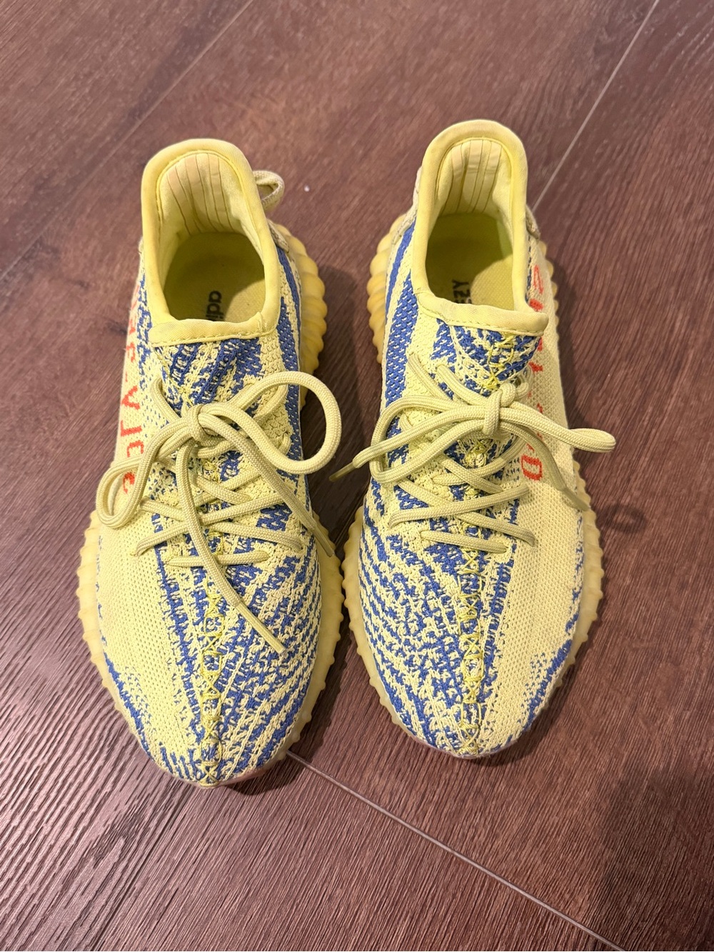 adidas Yeezy Yellow Sneakers with Blue Pattern